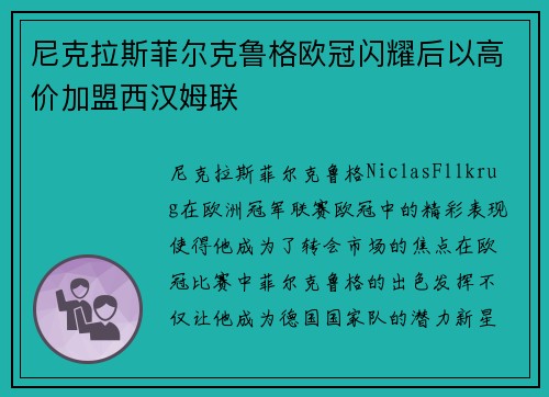 尼克拉斯菲尔克鲁格欧冠闪耀后以高价加盟西汉姆联